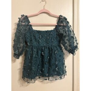 THIRTY/THIRTY LA Mesh 3D Floral Appliqué Puff‎ Sleeve Blouse Teal Size S